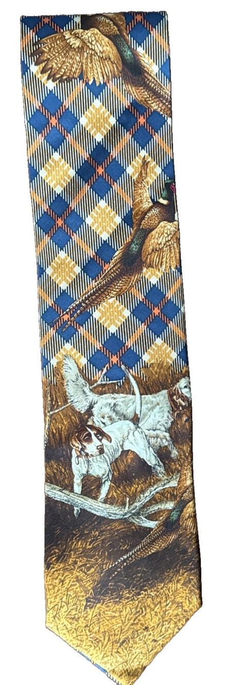 Robert Talbott Mens Silk Tie Plaid Brown Pheasant Bird Dog Hunting Hand Sewn USA
